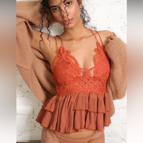 Free People Adella Cami Orange Lace Ruffled Tank Top NWT M - Picture 1 of 13